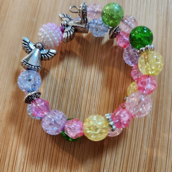 "SOLD" Hand Crafted Angel Wrap Bracelet S Crackled Beads Pink Green Yellow - Picture 3 of 9